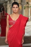 Buy_Reynu Taandon_Red Lycra V Neck Pre-draped Saree With Chanderi Blouse _Online_at_Aza_Fashions