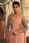 Shop Reynu Taandon Peach Lycra Scoop Neck Pre-draped Saree at Aza Fashions Shop_Reynu Taandon_Peach Lycra Scoop Neck Pre-draped Saree _at_Aza_Fashions