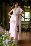 Buy_Reynu Taandon_Pink Lycra V Neck Liliana Pre-draped Ruffle Saree With Blouse_at_Aza_Fashions