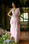 Shop_Reynu Taandon_Pink Lycra V Neck Liliana Pre-draped Ruffle Saree With Blouse_at_Aza_Fashions