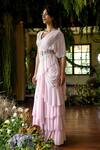 Buy_Reynu Taandon_Pink Lycra V Neck Liliana Pre-draped Ruffle Saree With Blouse_Online_at_Aza_Fashions