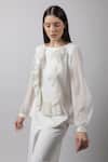 Swatee Singh_White Crepe Boat Textured Frill Top _Online_at_Aza_Fashions