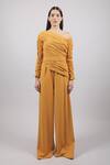 Buy_Swatee Singh_Yellow Crepe Solid One Shoulder Ruched Jumpsuit _Online_at_Aza_Fashions