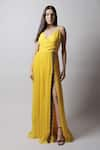 Buy_Swatee Singh_Yellow Georgette Embellished Lace V Neck High Slit Gown  _at_Aza_Fashions