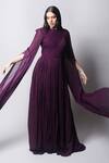 Buy_Swatee Singh_Purple Georgette Solid Round Ruched Gown _at_Aza_Fashions