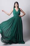 Buy_Swatee Singh_Green Georgette V Neck Overlap Yoke Gown _at_Aza_Fashions