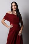 Swatee Singh_Maroon Crepe Solid One Shoulder Draped Jumpsuit _Online_at_Aza_Fashions