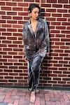 Nirmooha_Grey Velvet Printed Blazer Notched Lapel Collar Pant Set With Bralette _Online_at_Aza_Fashions