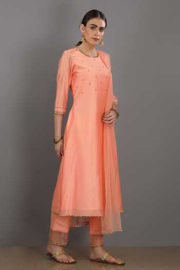 Plus Size Peach Printed Chanderi Silk Kurta