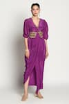 Buy_Rishi and Vibhuti_Purple Crepe V Neck Aalia Draped Dress With Belt _at_Aza_Fashions