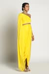 Rishi and Vibhuti_Yellow Crepe Embroidery Asymmetric One Shoulder Draped Gown  _Online_at_Aza_Fashions