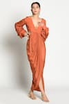 Buy_Rishi and Vibhuti_Orange Crepe Embroidery V Neck Draped Gown _at_Aza_Fashions