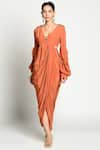 Buy_Rishi and Vibhuti_Orange Crepe Embroidery V Neck Draped Gown _Online_at_Aza_Fashions