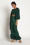 Rishi and Vibhuti_Green Crepe Boat Draped Gown With Belt_Online_at_Aza_Fashions