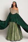 Rishi & Vibhuti_Green Crepe Embroidery Asymmetric Draped Cape And Skirt Set _Online_at_Aza_Fashions