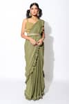 Buy_Rishi and Vibhuti_Green Lurex Sweetheart Neck Shimmer Ruffle Saree With Blouse _at_Aza_Fashions