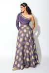 Rishi and Vibhuti_Purple Foiling Georgette And Crepe Lining Taxo Print Blouse & Lehenga Set _Online_at_Aza_Fashions