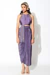 Rishi and Vibhuti_Purple Raw Silk And Crepe Lining Taxo Embellishment Crop Top & Draped Skirt Set _Online_at_Aza_Fashions