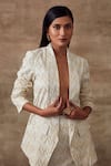 Buy_Rishi and Vibhuti_White Organic Cotton Jacquard Geometric Motifs Shawl Dahlia Blazer And Skirt Set _Online_at_Aza_Fashions