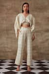 Buy_Rishi and Vibhuti_White Organic Cotton Jacquard Geometric Motifs V Freesia Crop Top And Pant Set _at_Aza_Fashions