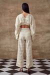 Shop_Rishi and Vibhuti_White Organic Cotton Jacquard Geometric Motifs V Freesia Crop Top And Pant Set _at_Aza_Fashions