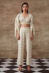 Rishi and Vibhuti_White Organic Cotton Jacquard Geometric Motifs V Freesia Crop Top And Pant Set _Online_at_Aza_Fashions