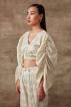 Shop_Rishi and Vibhuti_White Organic Cotton Jacquard Geometric Motifs V Freesia Crop Top And Pant Set _Online_at_Aza_Fashions