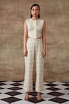 Buy_Rishi and Vibhuti_White Organic Cotton Jacquard Geometric Motifs Collared Corset Top And Pant Set _at_Aza_Fashions