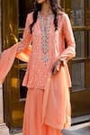 Shop_Monisha Jaising_Peach Embroidered Chikankari Round V Neck Kurta Sharara Set  _at_Aza_Fashions