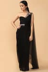 Buy_Tarun Tahiliani_Black Charmeuse Satin Pre-draped Saree With Belt _at_Aza_Fashions