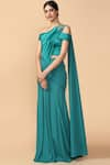 Buy_Tarun Tahiliani_Green Georgette One Shoulder Pre-draped Saree With Blouse _at_Aza_Fashions