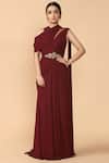 Buy_Tarun Tahiliani_Wine Georgette High Neck Pre-draped Saree _at_Aza_Fashions