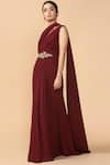 Tarun Tahiliani_Wine Georgette High Neck Pre-draped Saree _Online_at_Aza_Fashions