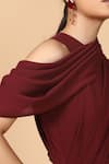 Shop_Tarun Tahiliani_Wine Georgette High Neck Pre-draped Saree _Online_at_Aza_Fashions