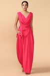 Buy_Tarun Tahiliani_Pink Deep V Neck Asymmetric Top Pant Set _at_Aza_Fashions