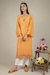 Ikshita Choudhary_Yellow Kurta: Chanderi Silkpant: Cotton Embroidered Floral And Pant Set For Women_Online_at_Aza_Fashions
