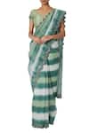 Devnaagri_Green Raw Silk, Organza V Neck Embroidered Saree With Blouse _Online_at_Aza_Fashions