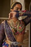 Buy_Aditi Gupta_Blue Silk And Organza & Embroidery Floral V Neck Lehenga Set _Online_at_Aza_Fashions