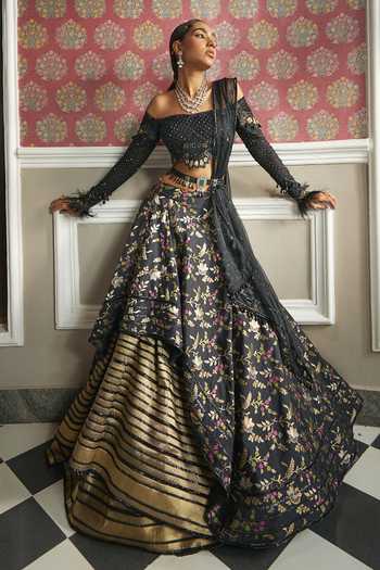 Black magnolia one shoulder drape layered lehenga set