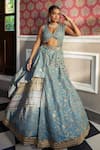 Buy_Aditi Gupta_Blue Lehenga And Blouse Silk Printed Floral Motifs Resham Plunge V Neck Set _at_Aza_Fashions