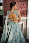 Shop_Aditi Gupta_Blue Lehenga And Blouse Silk Printed Floral Motifs Resham Plunge V Neck Set _at_Aza_Fashions