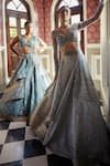 Aditi Gupta_Blue Lehenga And Blouse Silk Printed Floral Motifs Resham Plunge V Neck Set _Online_at_Aza_Fashions