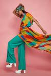 Esha L Amin_Multi Color Rayon Geometric Asymmetric Pattern One Shoulder Kaftan_Online_at_Aza_Fashions