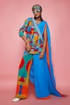 Esha L Amin_Blue Georgette Patchwork Geometric Motifs Asymmetric Pant Saree With Jacket _Online_at_Aza_Fashions