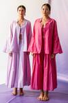 Buy_Febo6_Purple Cotton Silk Band Collar Flared Sleeves Jacket And Pant Set_Online_at_Aza_Fashions