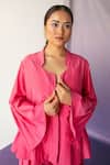 Buy_Febo6_Pink Cotton Silk Band Collar Flared Sleeves Jacket And Pant Set_Online_at_Aza_Fashions