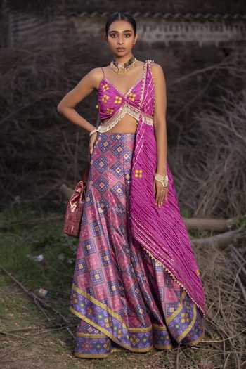 Buy_Aditi Gupta_Pink Palazzo Banarasi Blouse And Dupatta Textured Silk Woven Patola Set _at_Aza_Fashions
