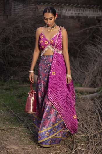 Shop_Aditi Gupta_Pink Palazzo Banarasi Blouse And Dupatta Textured Silk Woven Patola Set _at_Aza_Fashions