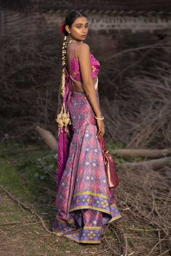 Aditi Gupta_Pink Palazzo Banarasi Blouse And Dupatta Textured Silk Woven Patola Set _Online_at_Aza_Fashions