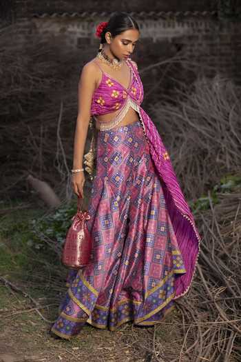 Buy_Aditi Gupta_Pink Palazzo Banarasi Blouse And Dupatta Textured Silk Woven Patola Set _Online_at_Aza_Fashions
